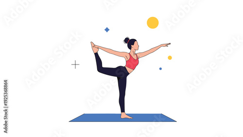 Graceful woman in athletic wear practices a one-legged yoga balance pose on a blue mat against a clean white background with sun icons.