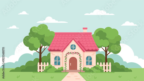 Enchanting small house features a bright pink roof, a flower-covered archway, and white picket fences in a peaceful garden setting.