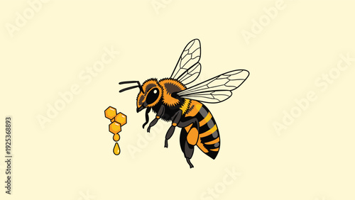 Detailed honey bee illustration captures the insect in mid-air with translucent wings and golden honey droplets near a honeycomb pattern.