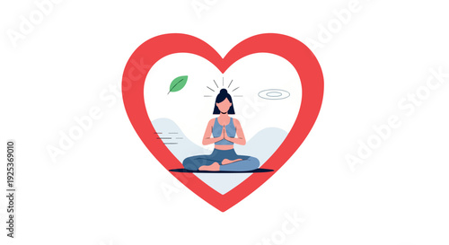 Illustration of a woman meditating in a lotus position inside a large red heart with a green leaf and white clouds floating nearby.