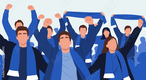 Group of People Celebrating with Blue Ribbons.