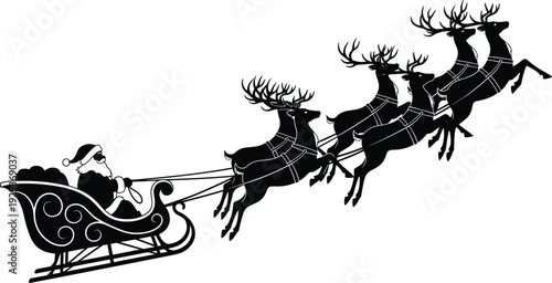 Santa Claus flying in sleigh with reindeer silhouette isolated on white background for Christmas holiday greeting cards and winter decorations