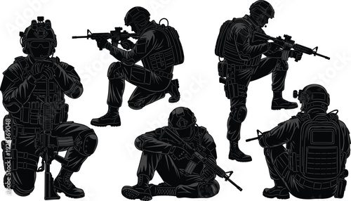 Special Forces Soldiers Silhouette Collection Tactical Military Team in Combat Poses with Weapons for Defense Security and Training Design.