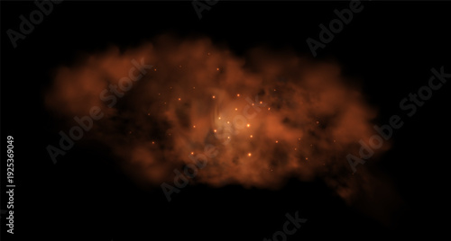 Orange space nebula with glowing stardust and shining stars. Abstract orange smoke cloud and magical fog texture for atmospheric fire overlay designs.