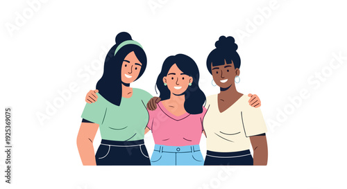 Three diverse women standing together with arms around each other on a clean white background with a friendly and supportive mood.