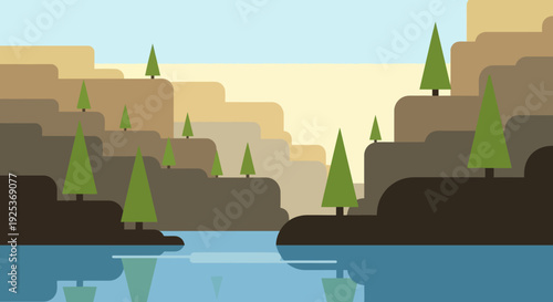 Serene landscape with lake and rocky cliffs illustration.