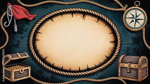 A pirate treasure theme with a blank oval space, aged parchment, compass, chest, and rope border for your designs.