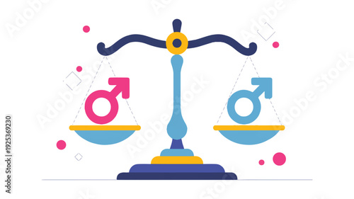 Colorful illustration of balanced scale with male and female symbols