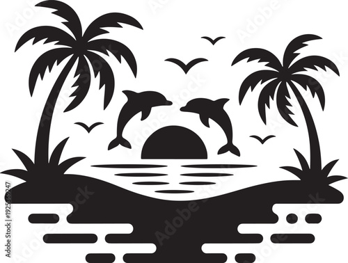  Silhouette Vector Illustration of a Tropical Beach Sunset with Dolphins
