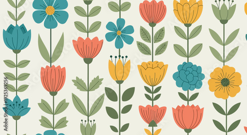 Colorful floral pattern with varied tulips and flowers in a seamless design for textile or wallpaper