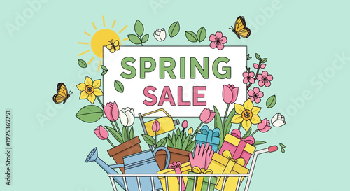 Vibrant Spring Sale Illustration Featuring Shopping Basket with Flowers and Discounts from Direct Viewpoint