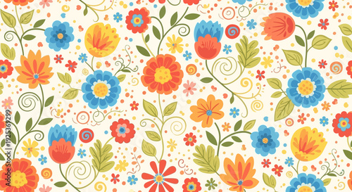 Vibrant Floral Pattern with Leaves and Swirls in a Whimsical Design Concept for Fabric or Wallpaper