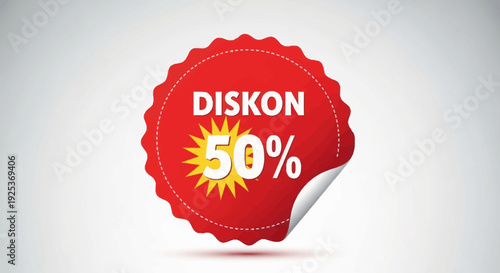 Red sale badge with 50 percent discount sticker on white background viewed from front with curled corner Whisk_6a7c6e6f279072cade64c7f12d34b7a6dr.eps
