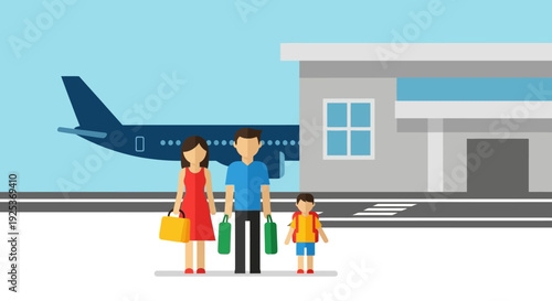 Family with Luggage Standing at Airport Terminal.