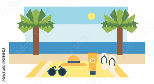 Tropical beach scene with sunscreen and sunglasses on sand.