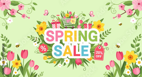 Vibrant Spring Sale illustration featuring floral arrangements and shopping cart surrounded by blooming flowers on a light green background from a direct viewpoint