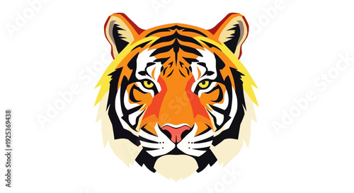 Vibrant tiger head illustration with bold stripes and bright colors.