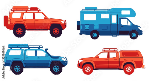 Four colorful 4x4 vehicles and a camper van for adventure and travel.