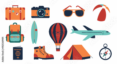 Travel and Adventure Icons with Camping and Surfing Elements.