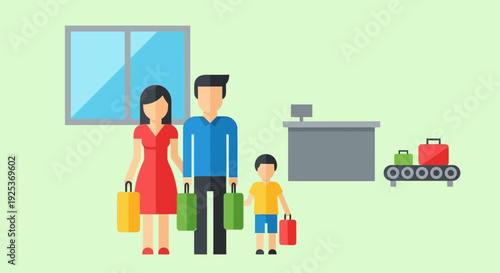 Family with Luggage Standing Near Airport or Train Station.
