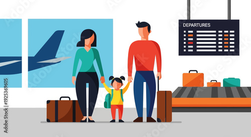 Family of three at airport with luggage ready for travel.