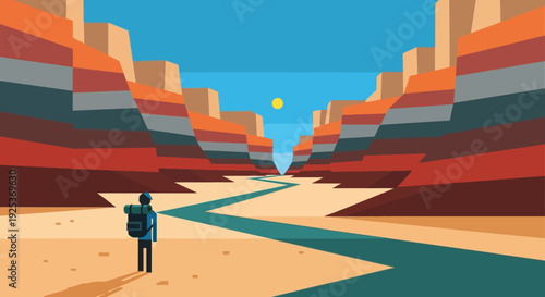 Man with backpack standing at crossroads in desert landscape.
