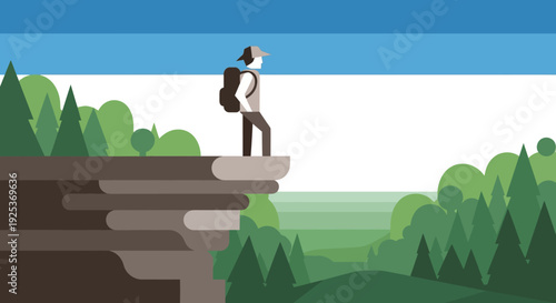 Man standing on cliff edge with backpack looking out.