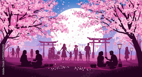 Silhouetted figures gather beneath blooming cherry blossoms at dusk near a serene Japanese garden torii gate