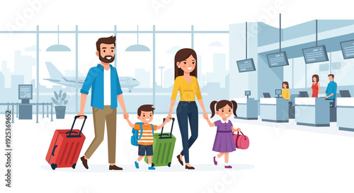 Family with Luggage at Airport Terminal.