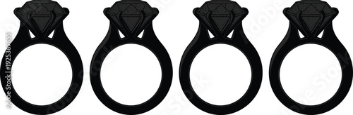 Row of Four Black Silhouette Engagement Ring Icons with Large Diamond Gemstone Settings Isolated on White Background for Jewelry Luxury Fashion Design Branding and Marketing