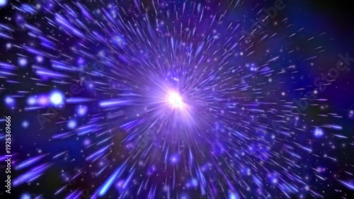 Hyperspace warp speed effect with glowing purple radial light streaks and particles on dark background