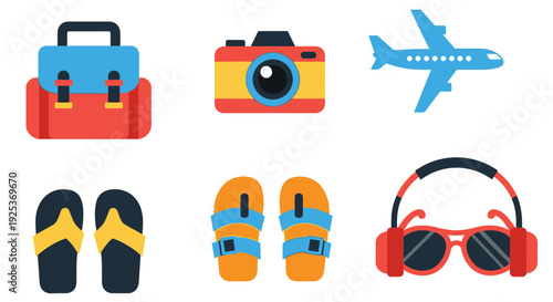 Assorted travel and leisure items including luggage, camera, airplane, flip flops, and headphones.