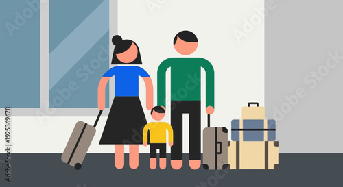 Family with Luggage Standing in Airport Terminal.