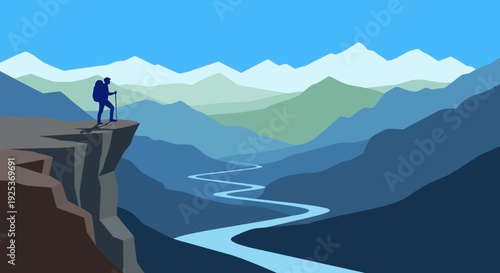 Solitary Hiker Standing on Cliff Edge Overlooking Mountainous Landscape and River.
