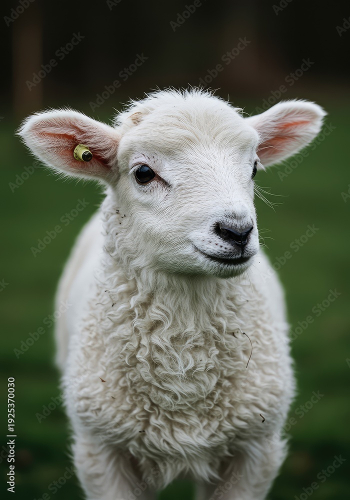 Obraz premium Adorable close-up portrait of a young white lamb standing outdoors, showcasing its exceptionally thick, soft, and tightly curled wool fleece texture ,newborn ,sweet ,innocent