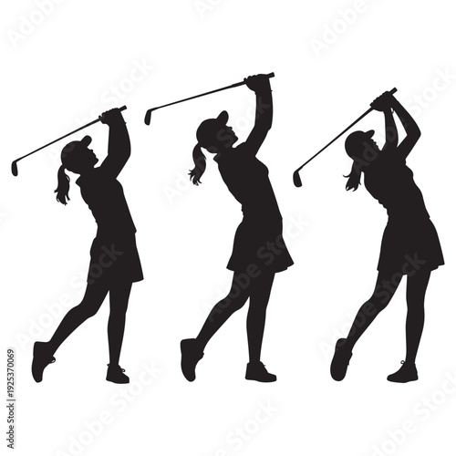 Female Golfers Swinging Club in Sequence Silhouette Isolated on white background