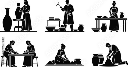 Traditional Pottery Workshop Silhouette Set Featuring Skilled Artisans Making Ceramic Vases Clay Sculpting Ancient Craftsmanship Techniques and Handmade Pottery Studio Workspace Vector Illustration