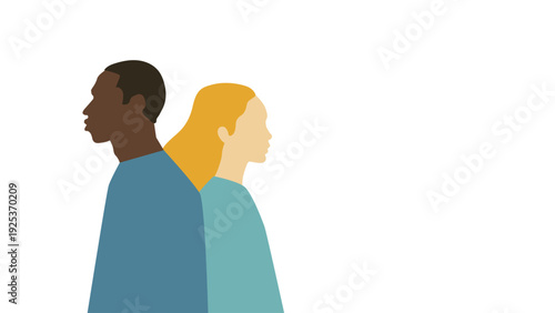 Man and woman looking in different directions, standing back to back. Family therapy, conflict in a relationship, conflict moderation concept. Diverse multicultural couple. Colorful flat design vector