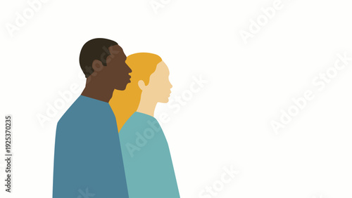Illustration of multicultural international couple. Flat design colorful illustration. Couple therapy, psychology, team, diversity. 