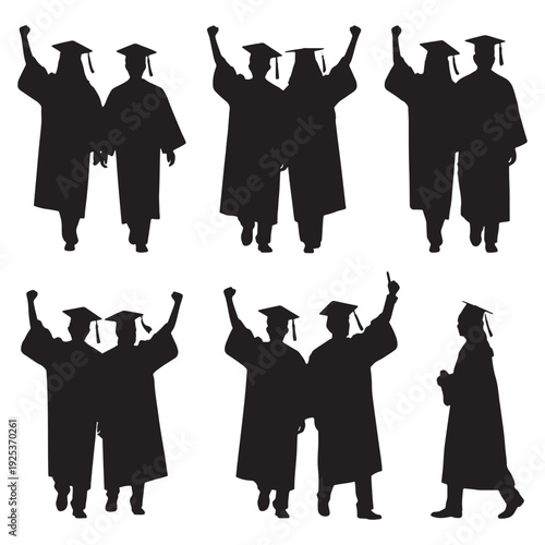 Graduation Silhouettes Celebrating Success Students in Caps and Gowns Academic Achievement Isolated on white background