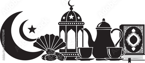 Ramadan Kareem greeting with traditional Arabic coffee and dates