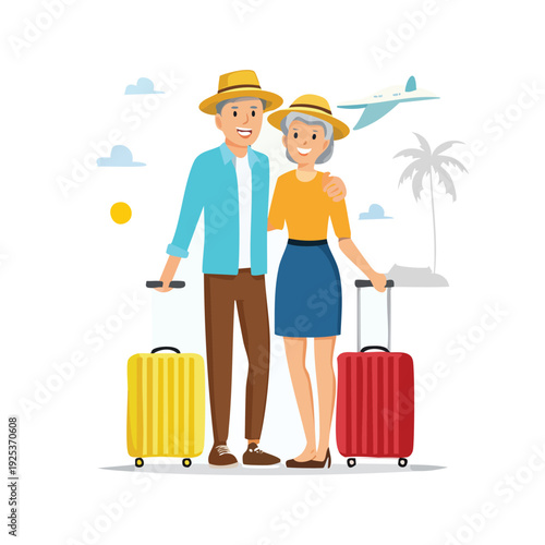 Elderly couple traveling with luggage illustration