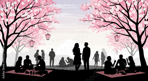 People enjoying leisure time under blooming trees in a serene park with friends and family together