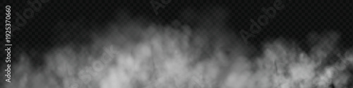 White smoke cloud with overlay effect on dark background. Realistic fog texture spreading along the floor. Atmospheric illustration of misty vapor or haze with dramatic light effect.