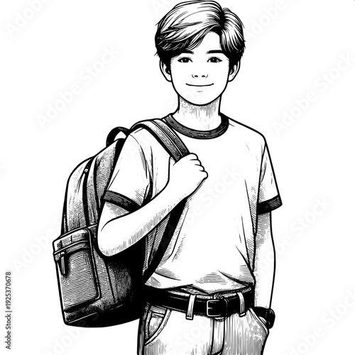Black and White Vector SVG of a Boy Holding a School Bag