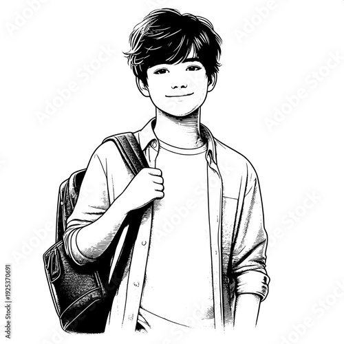 Black and White Vector SVG of a Boy Holding a School Bag