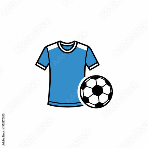 A blue soccer jersey and a black and white soccer ball are depicted in a simple graphic illustration.