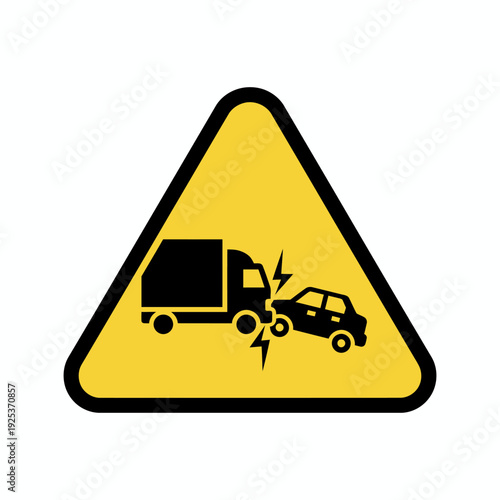 A yellow triangular warning sign depicting a truck colliding with a car, symbolizing a traffic accident or collision hazard.
