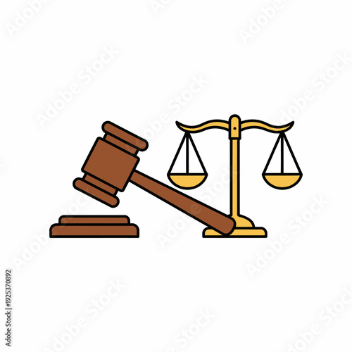 Illustration of a wooden judge's gavel and a golden scale of justice, symbolizing law, order, and legal proceedings.