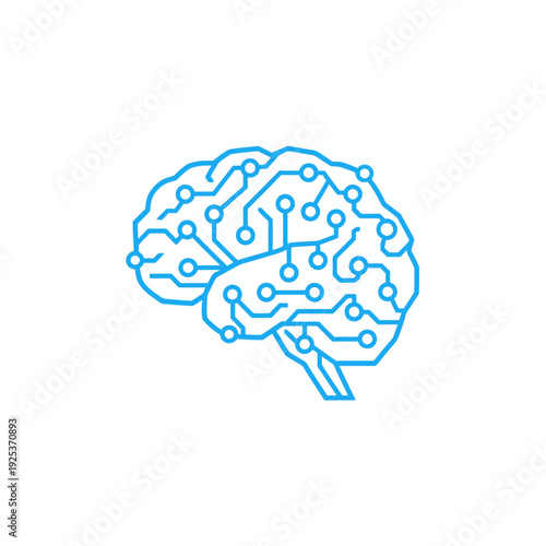 Stylized blue outline of a human brain with internal circuit board connections representing artificial intelligence and digital thought processes.